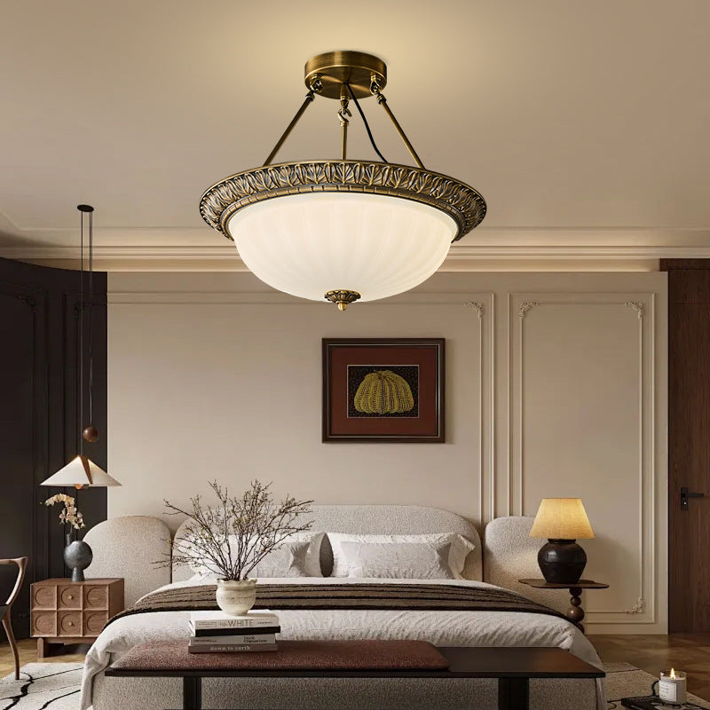 Vintage Textured Sculptural Copper Ceiling Light With Dreamlike Hemispherical Opal Glass 5