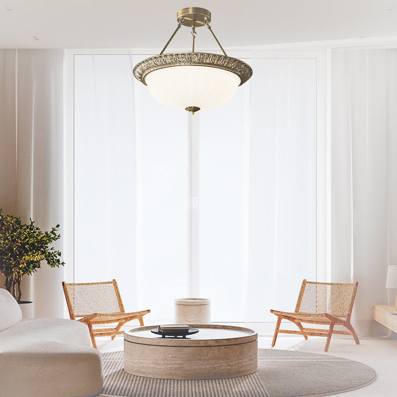 Vintage Textured Sculptural Copper Ceiling Light With Dreamlike Hemispherical Opal Glass 4