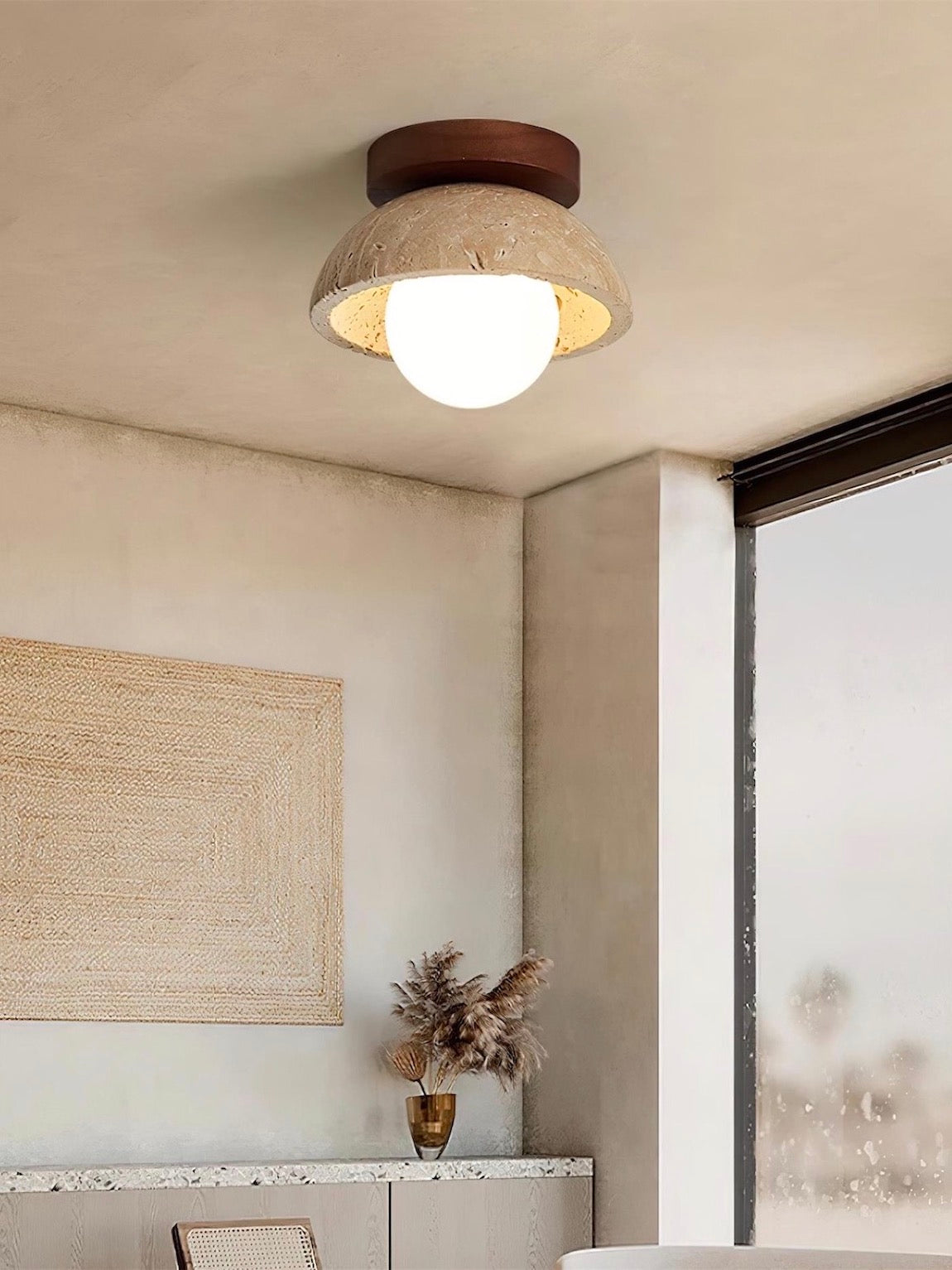 Wabi-Sabi Style Travertine Dome Ceiling Light for Living Room
