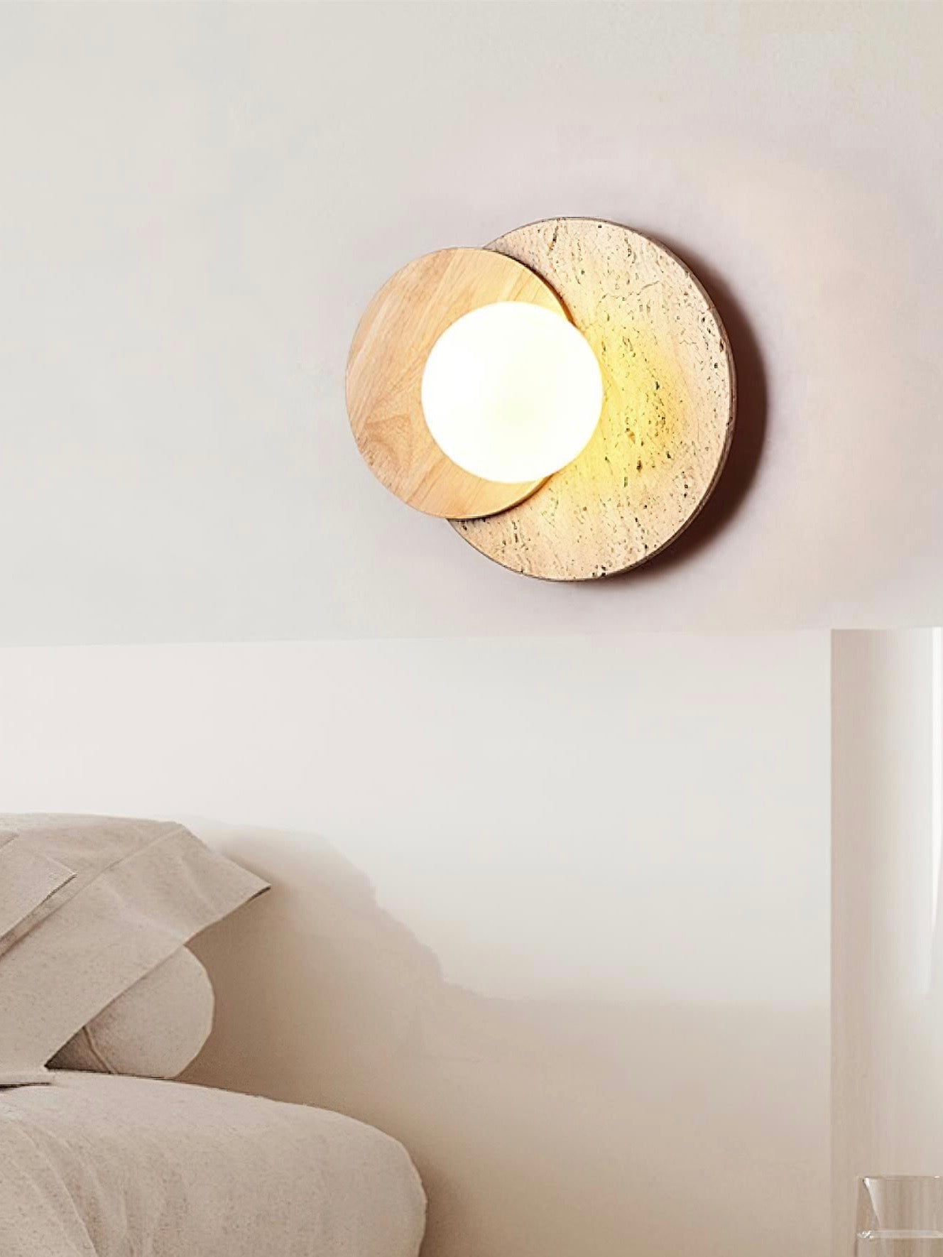 Wabi-Sabi Style Travertine Wood Round Wall Lamp