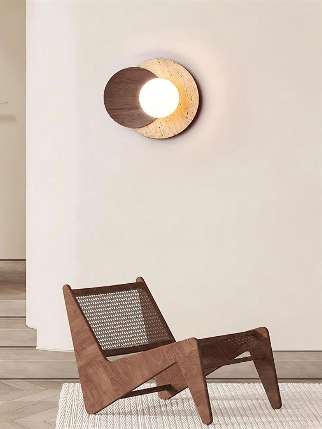 Wabi-Sabi Style Travertine Wood Round Wall Lamp
