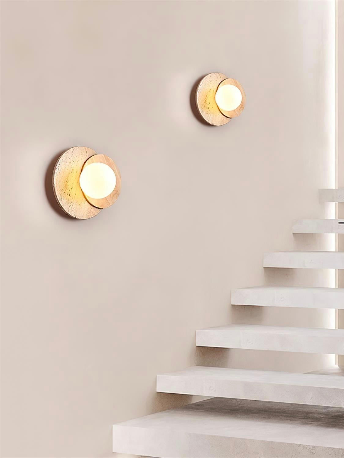 Wabi-Sabi Style Travertine Wood Round Wall Lamp