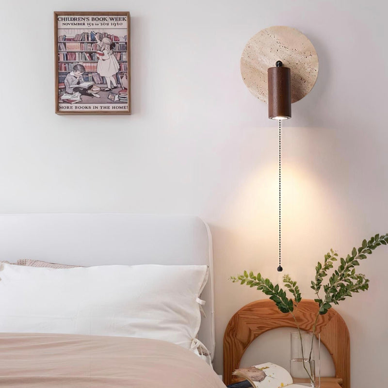 Wabi-Sabi Style Travertine Cylinder Wall Lamp with Pull-chain Switch