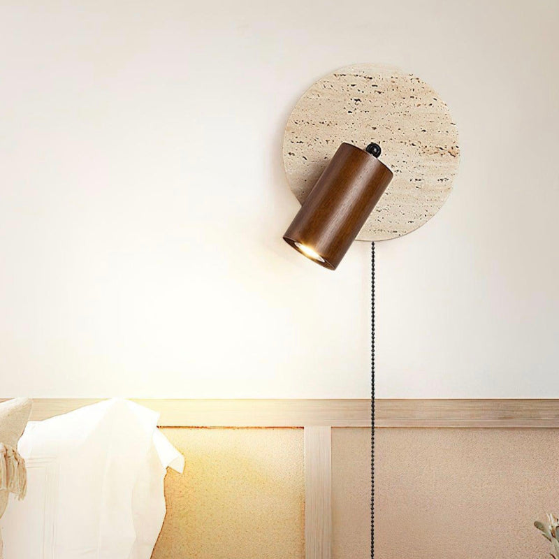 Wabi-Sabi Style Travertine Cylinder Wall Lamp with Pull-chain Switch