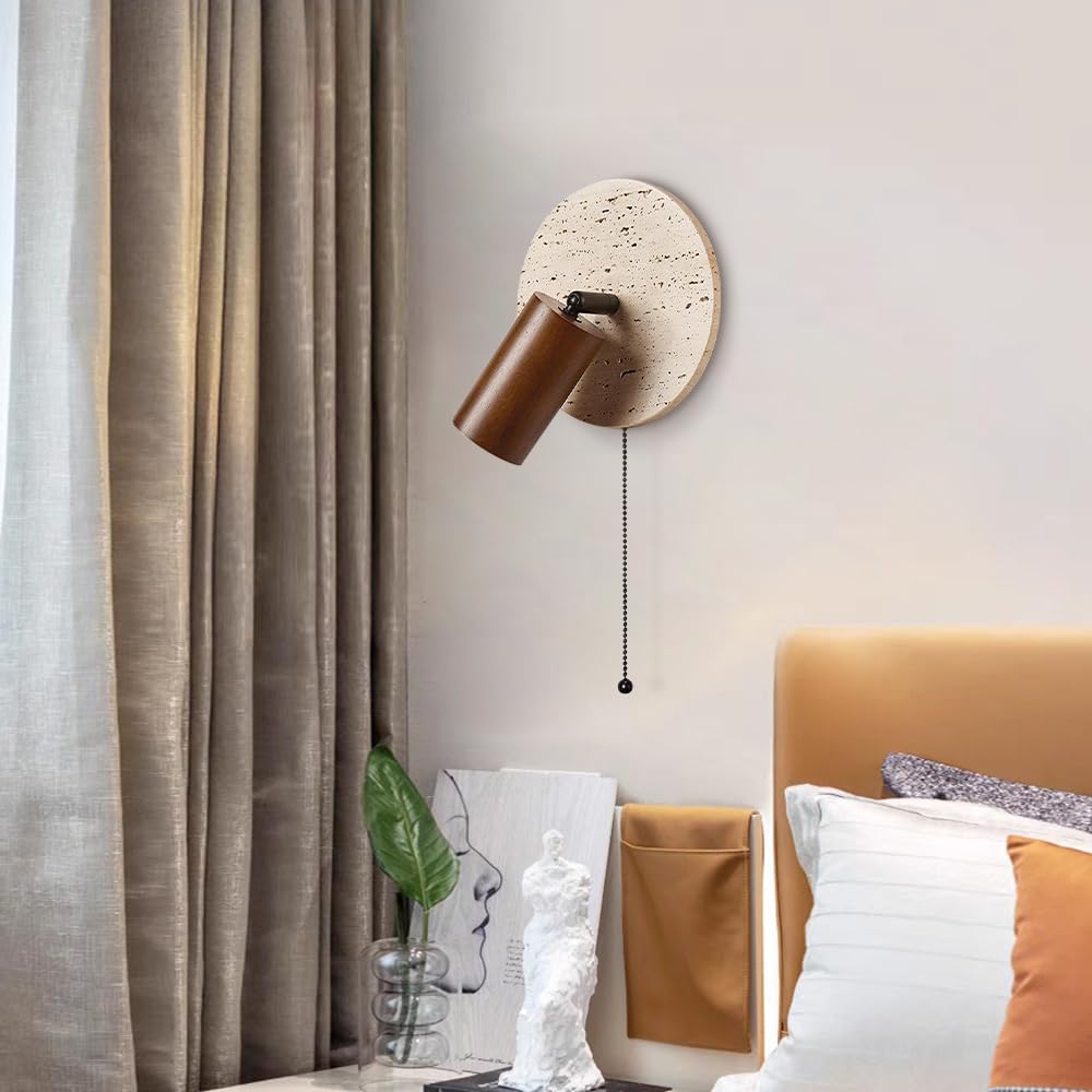 Wabi-Sabi Style Travertine Cylinder Wall Lamp with Pull-chain Switch