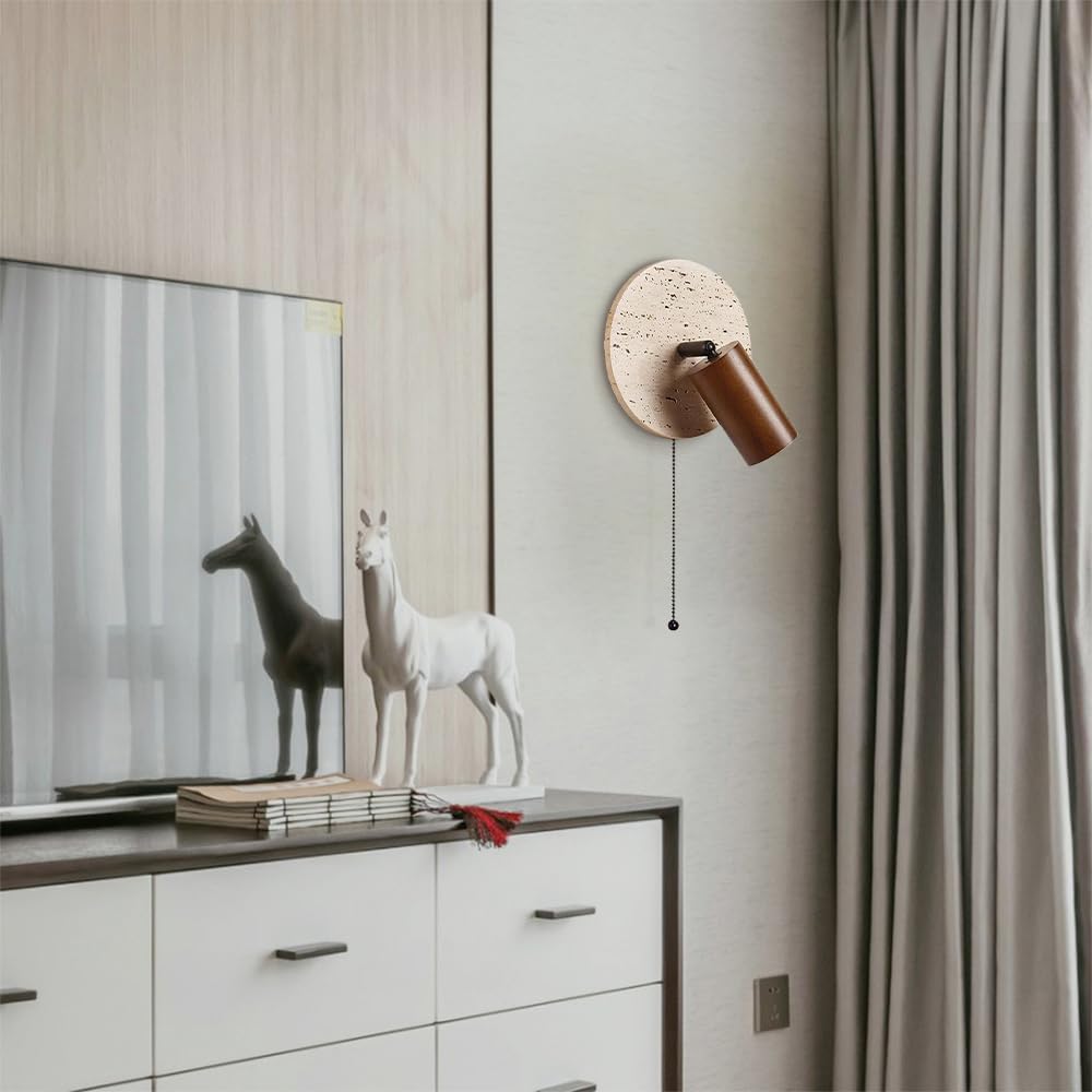 Wabi-Sabi Style Travertine Cylinder Wall Lamp with Pull-chain Switch