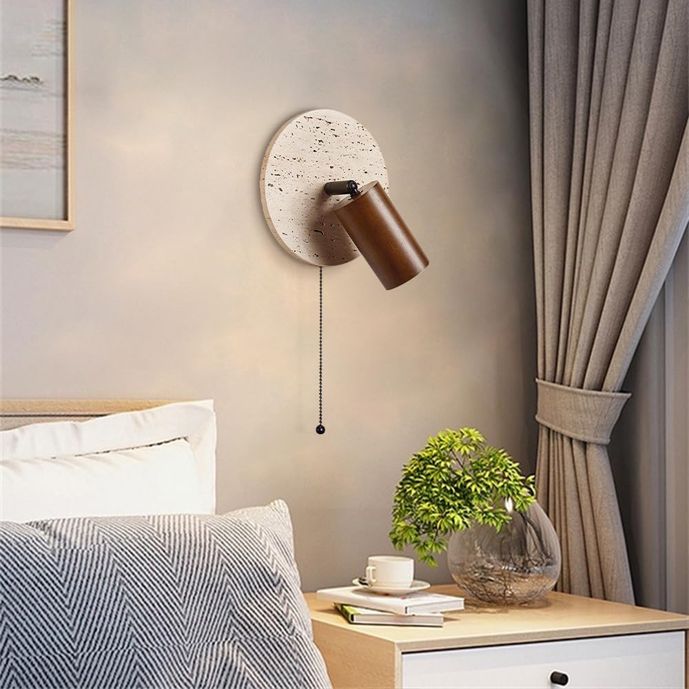 Wabi-Sabi Style Travertine Cylinder Wall Lamp with Pull-chain Switch