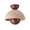 Wabi-Sabi Style Travertine and Wood Half-Sphere Ceiling Light
