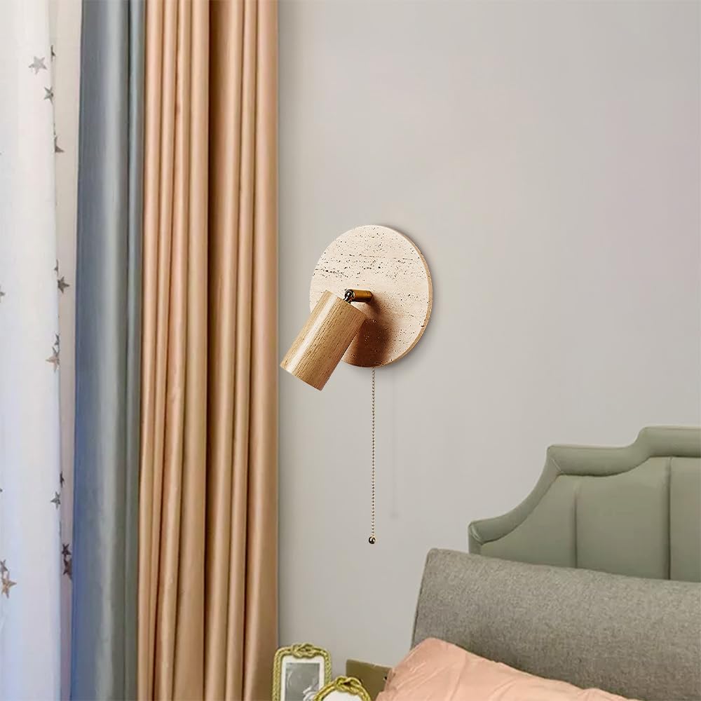 Wabi-Sabi Style Travertine Cylinder Wall Lamp with Pull-chain Switch