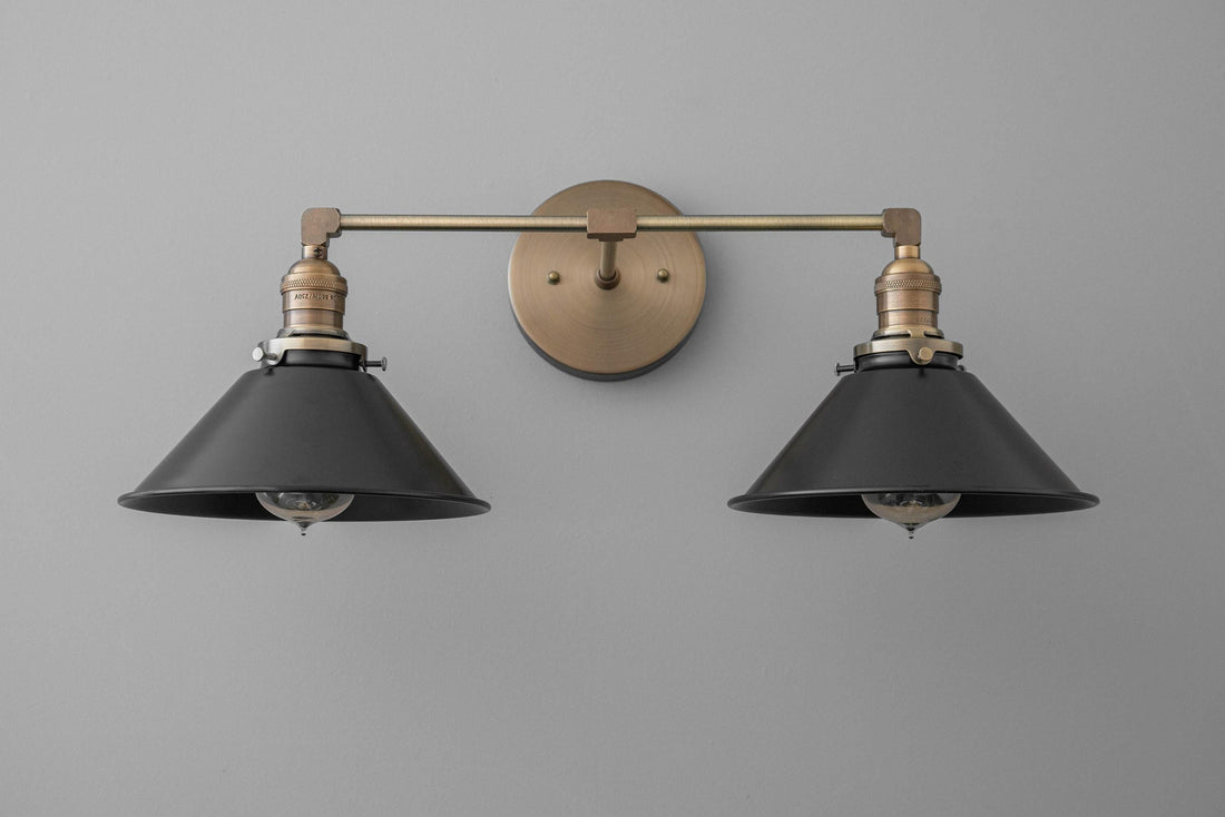 Conique Metal Dual Black Sconce with Cone Shades - Industrial Vanity Wall Light for Mirror