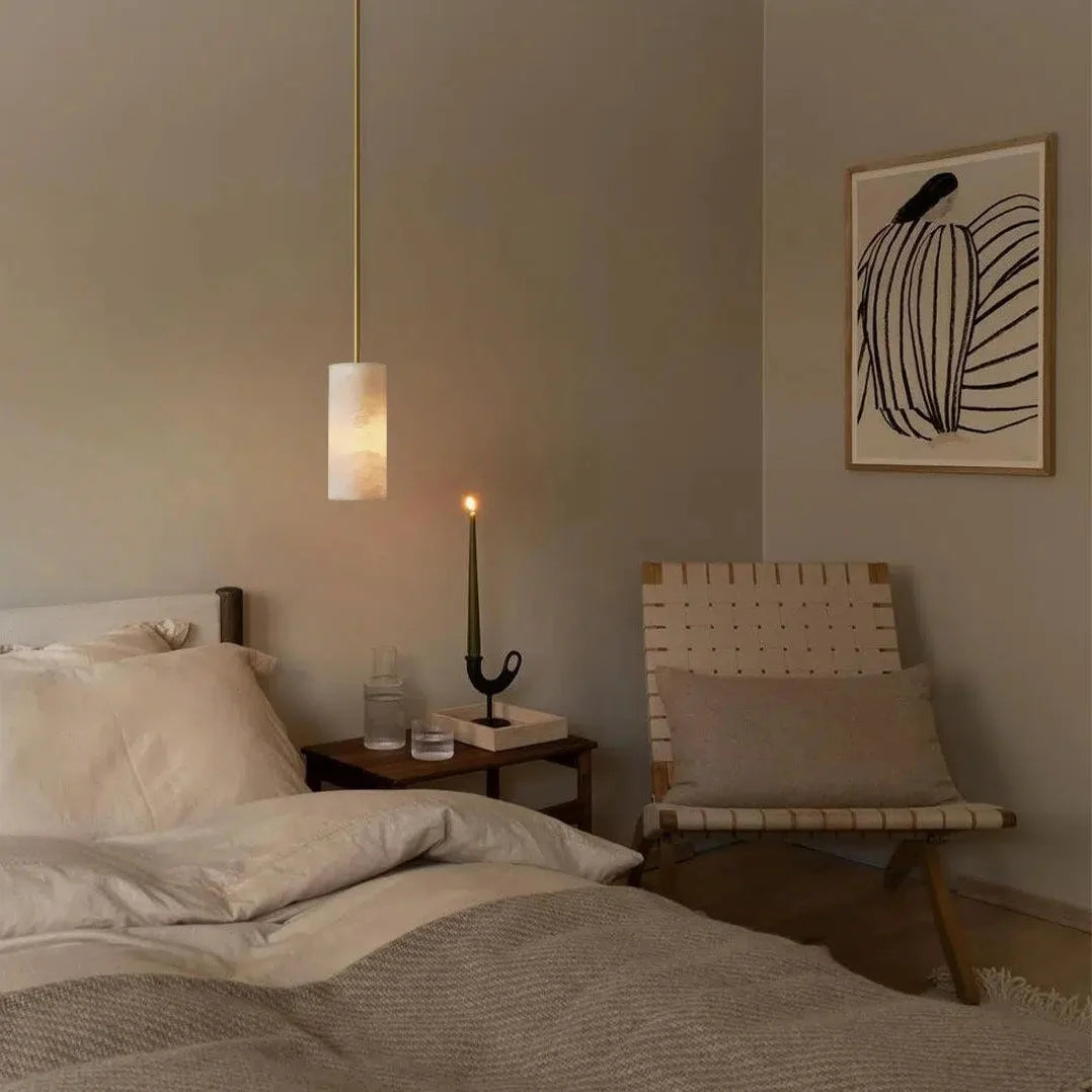 Hand Carved Alabaster Cylinder Pendant Light