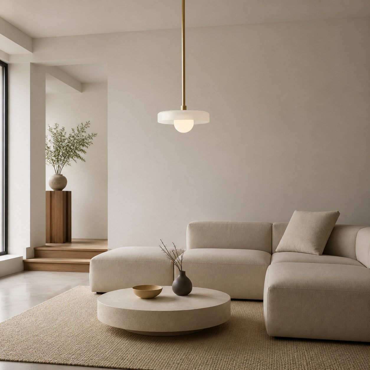 Kalo Modern Pendant Light - Sleek Metal Rod and Disc Orb Glass Design
