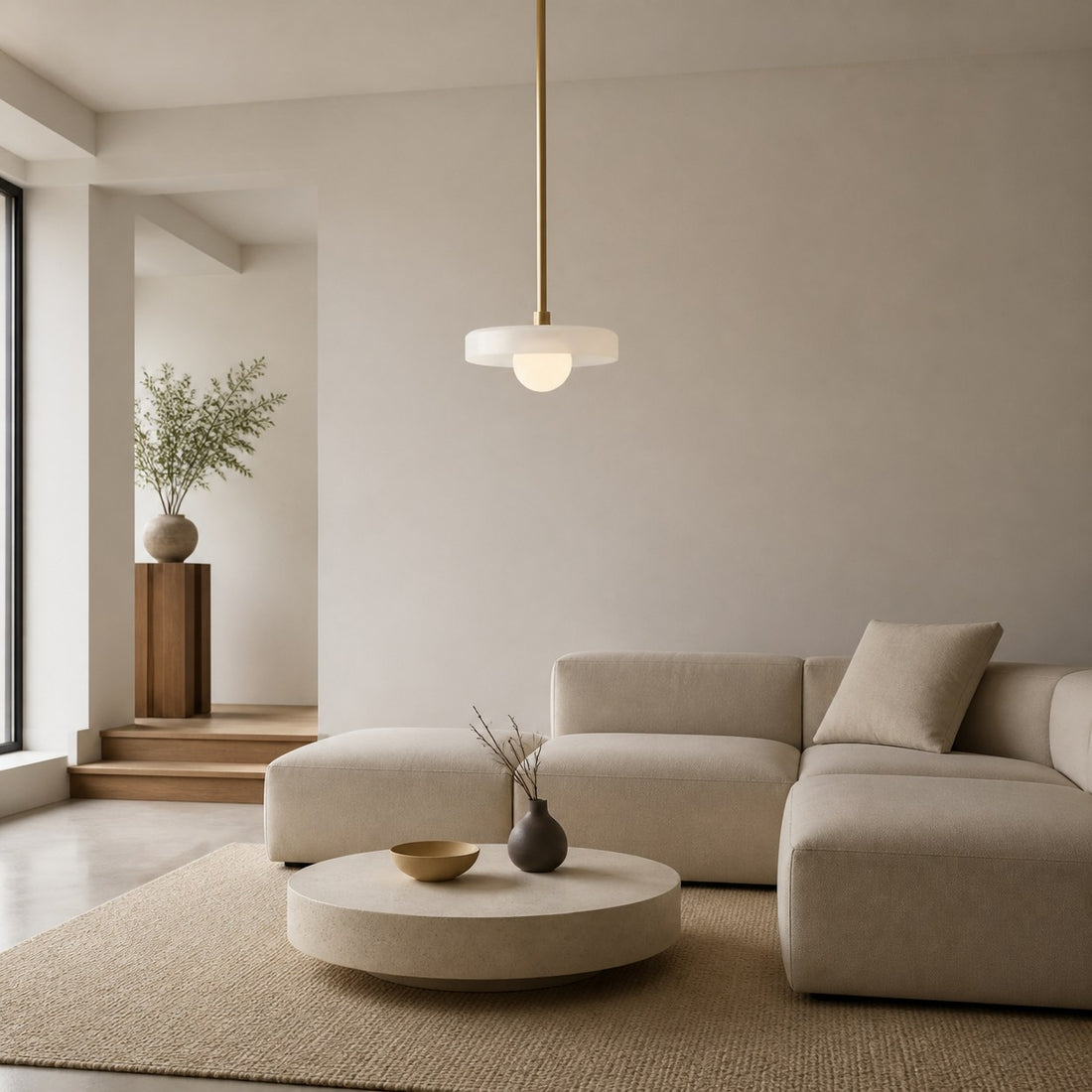 Kalo Modern Pendant Light - Sleek Metal Rod and Disc Orb Glass Design