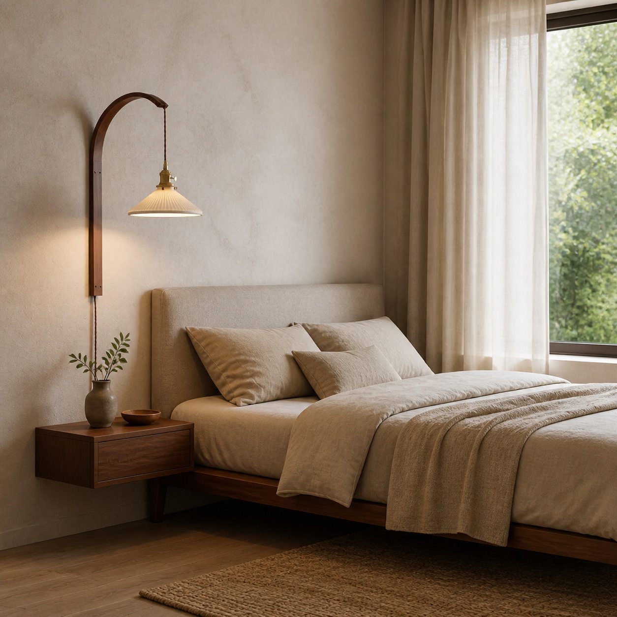 Curved Walnut Ceramic Plug-in Wall Light