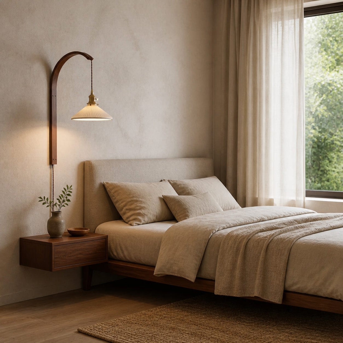 Curved Walnut Ceramic Plug-in Wall Light