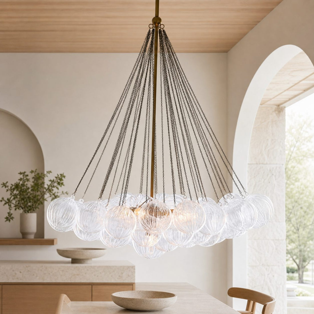 Bravira Glass Bubbled Chandelier - Vintage Brass Oval Glass Lighting