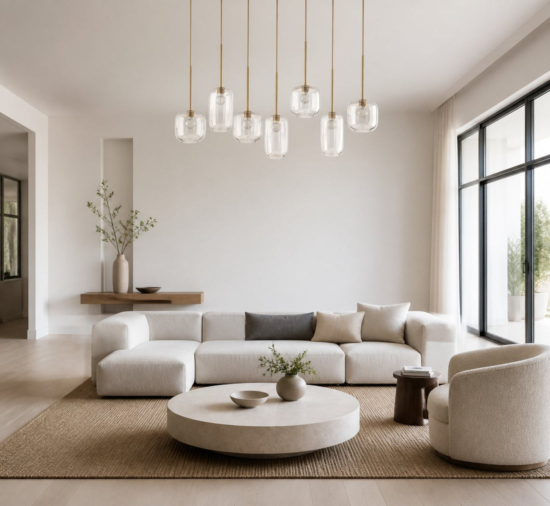 Lumivelle Sculptural 7-Light Chandelier – Adjustable Height Modern Glass Pendant