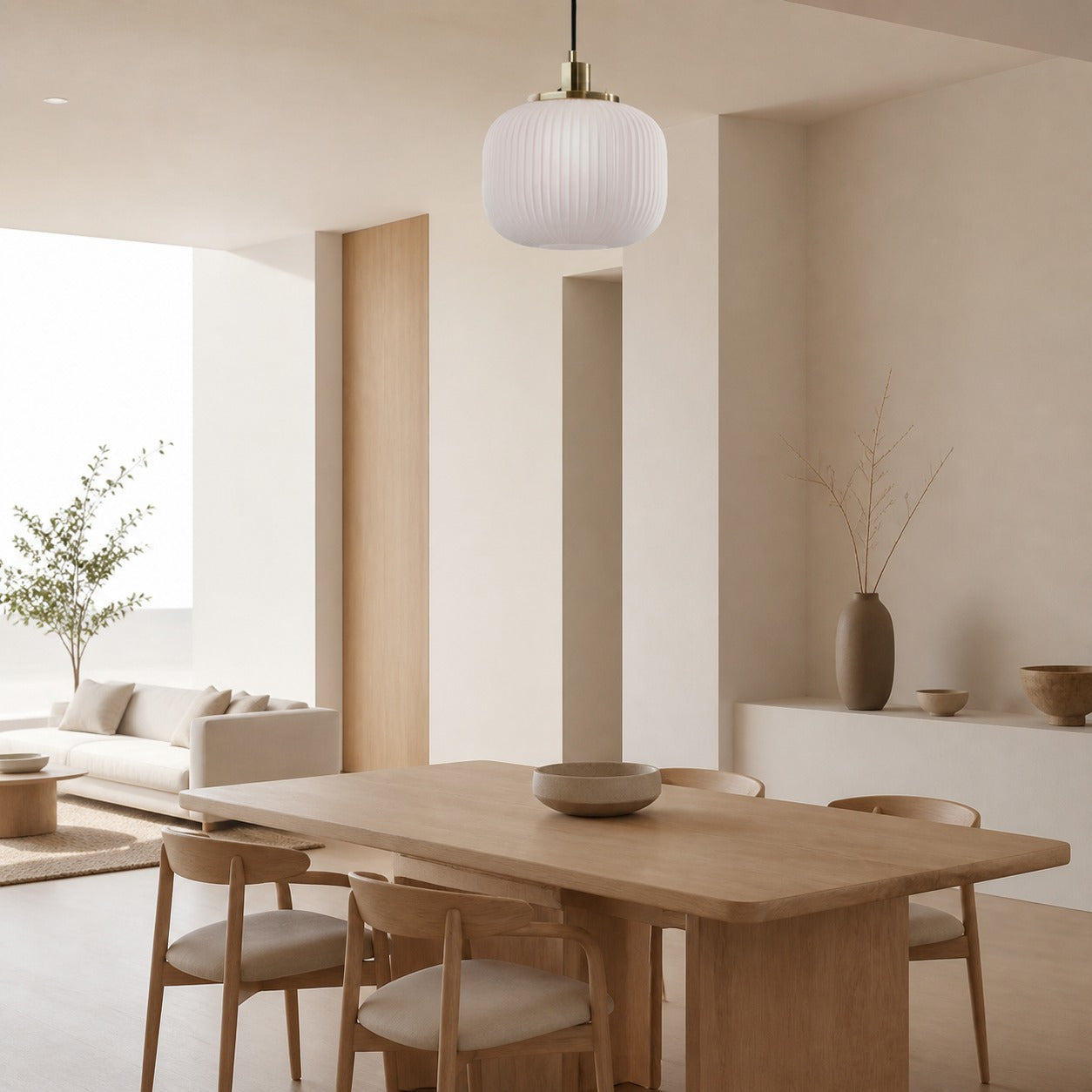 Pelviona Modern Ribbed Glass Pendant - Frosted & Brass Ceiling Light Add Timeless Charm to Your Space