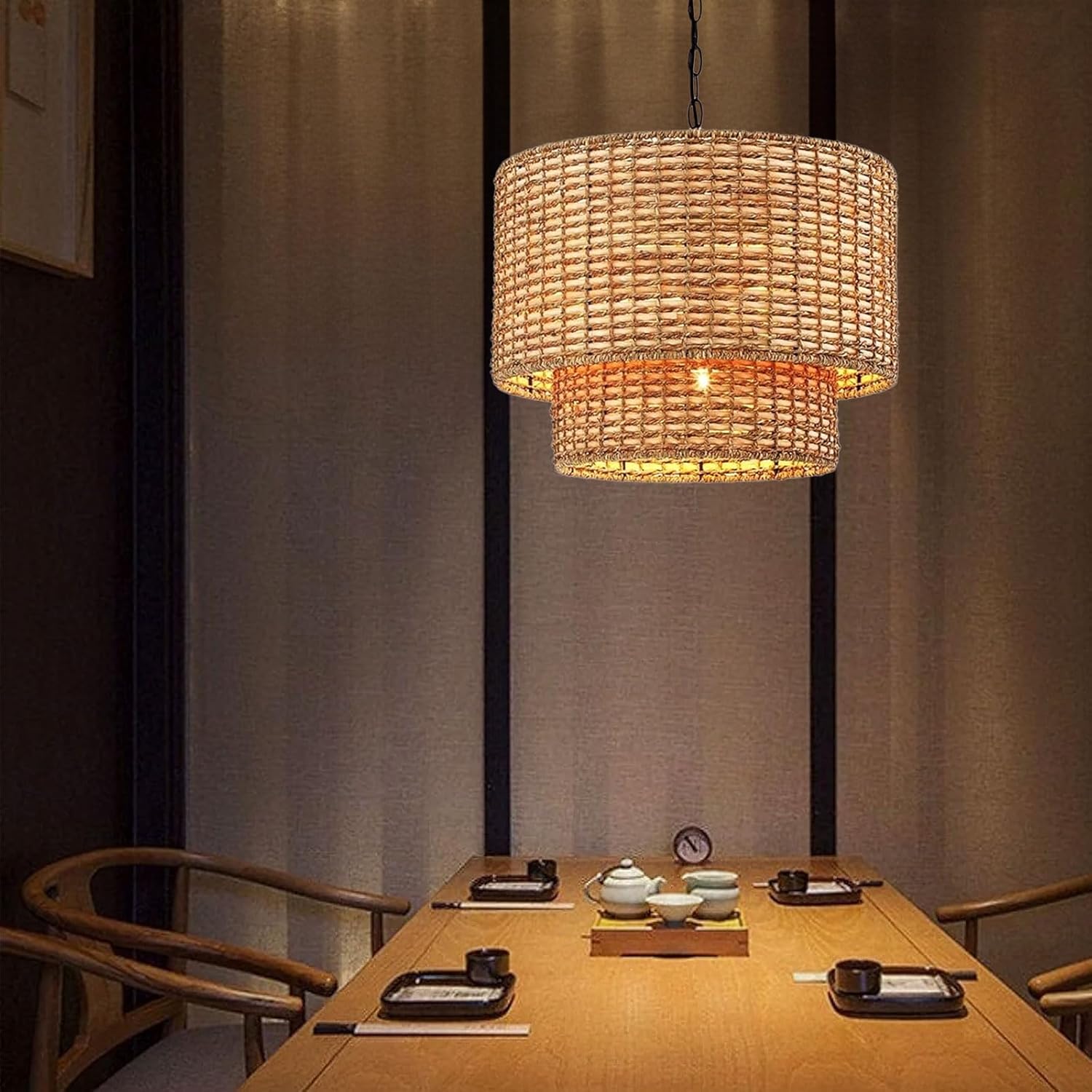 Natural Rattan Double Drum Pendant Light With Black Canopy