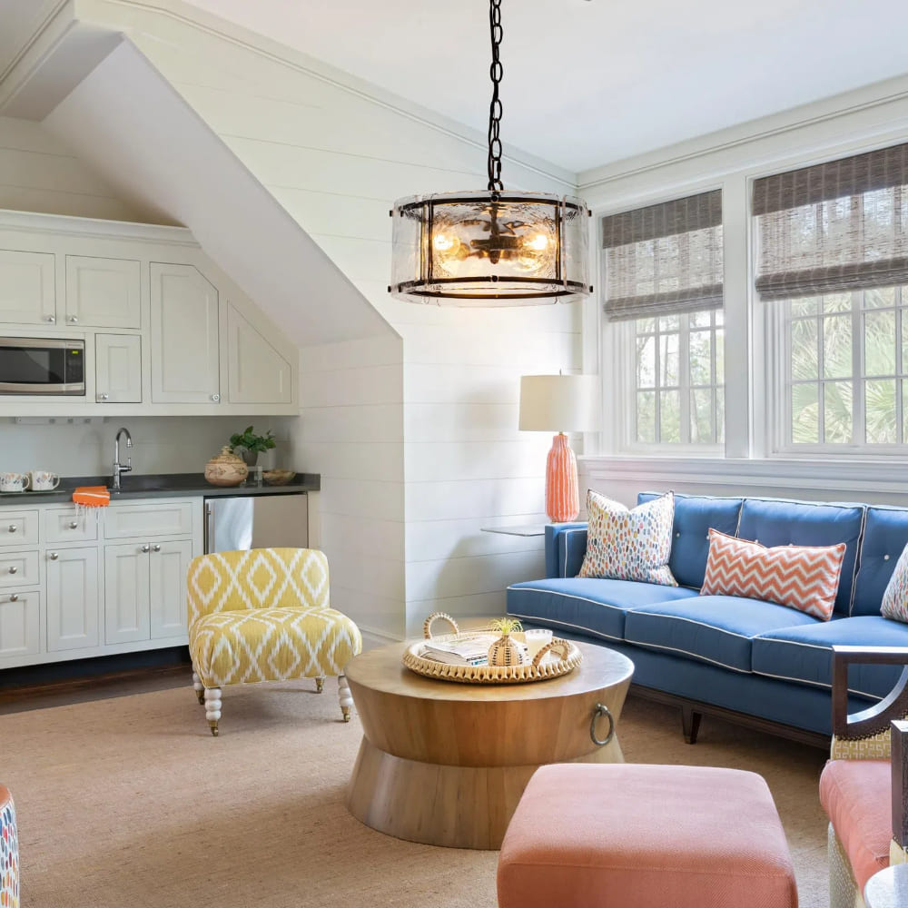 Water Ripple Drum Pendant Light - Matte Black Clear Glass 3-Light Chandelier