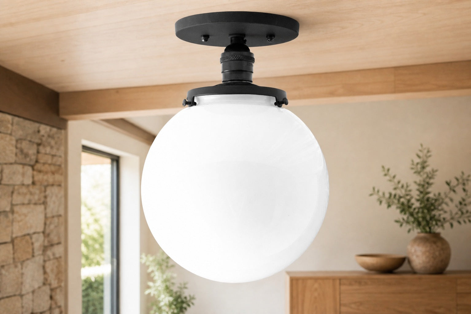Glorica Glass Mid Century Semi Flush Ceiling Light - White Opal Glass Globe Fixture