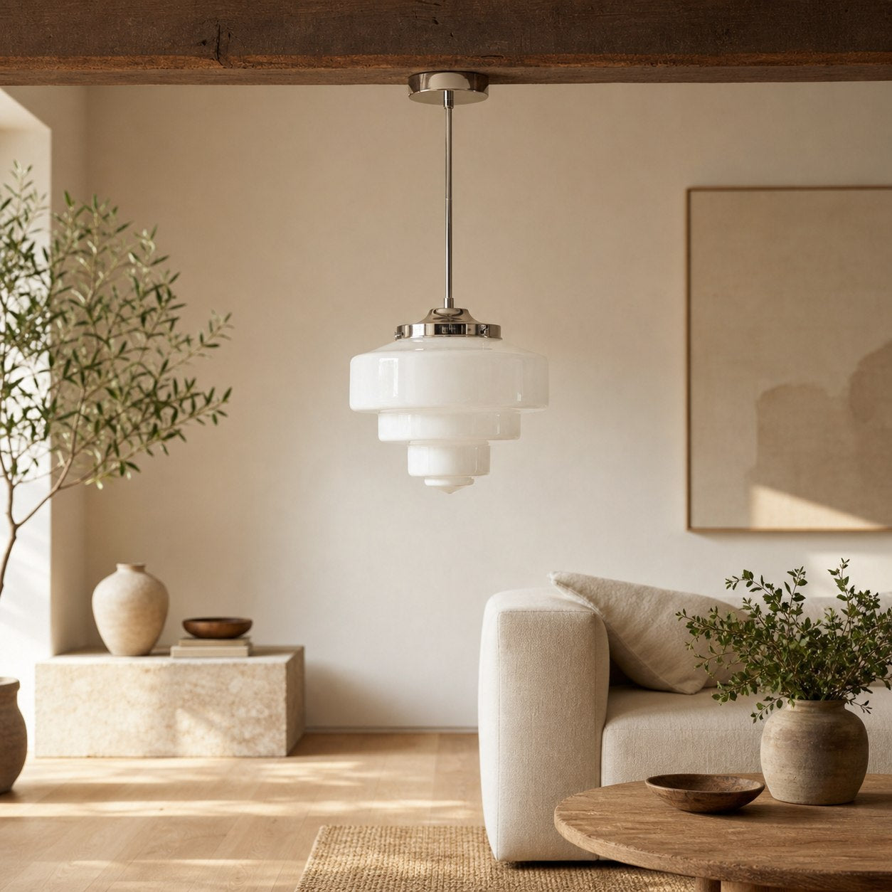 Geotower Glass Brass Pendant Light – Art Deco Opal Globe Ceiling Fixture
