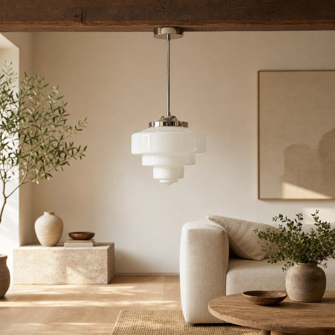 Geotower Glass Brass Pendant Light – Art Deco Opal Globe Ceiling Fixture