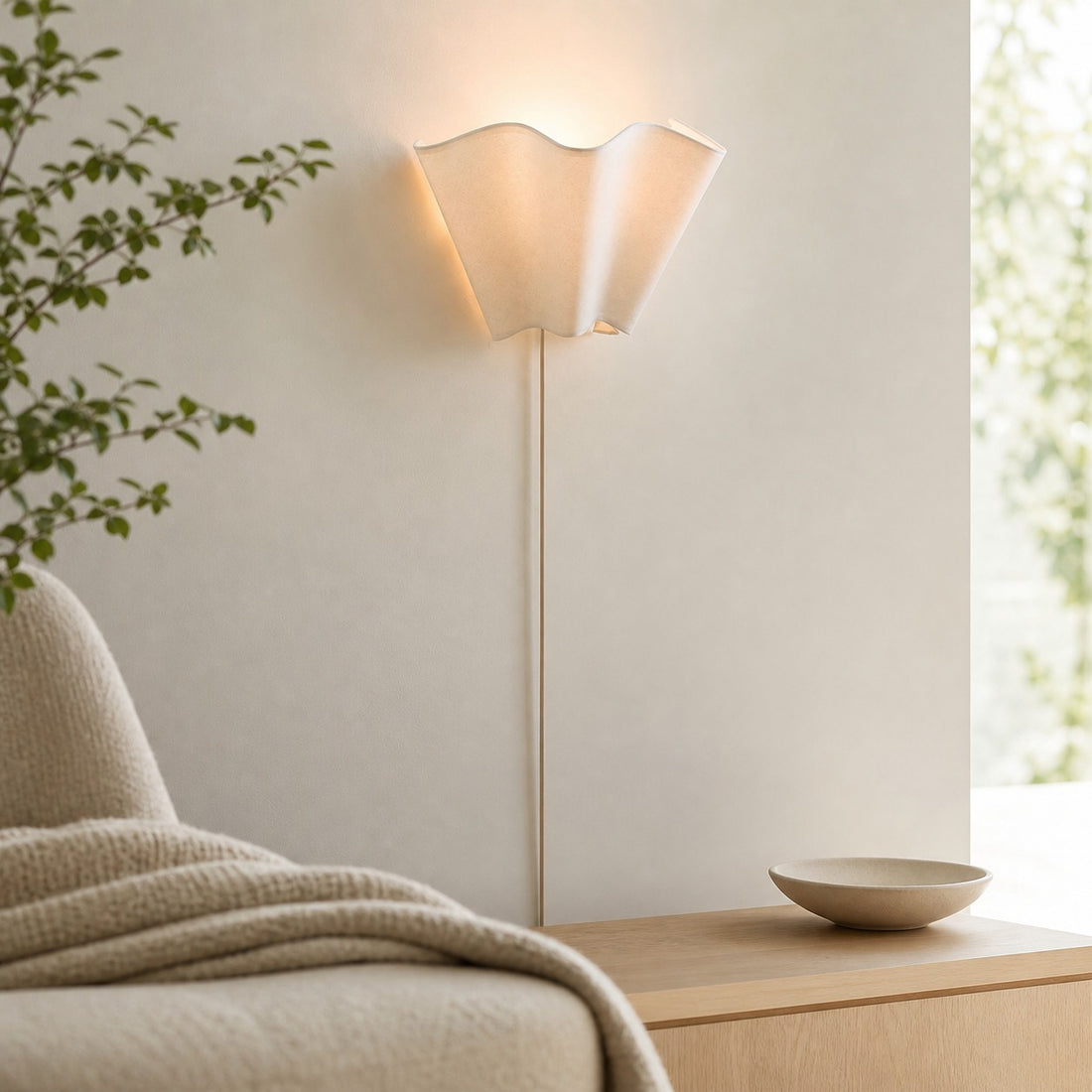 Oslan Modern Plug-In Sconce - Scalloped Ivory Linen Shade Wall Lamp