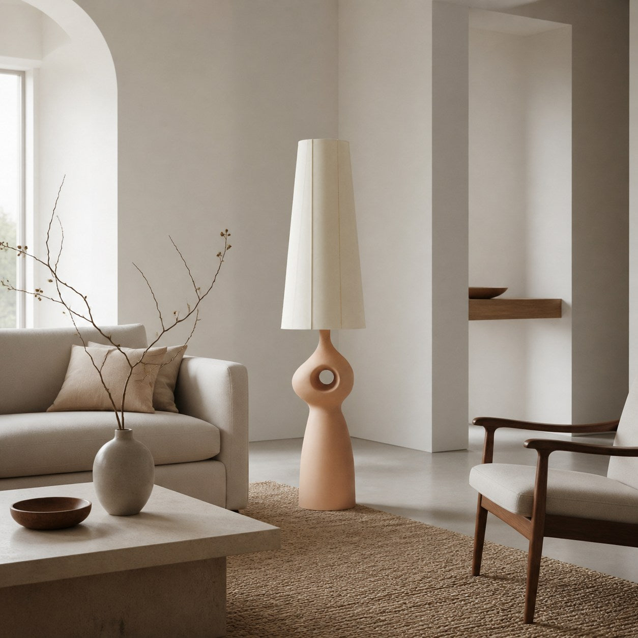 Pryssa Sculptural Ceramic Floor Lamp - Ivory Linen Shade for Living Room Accent