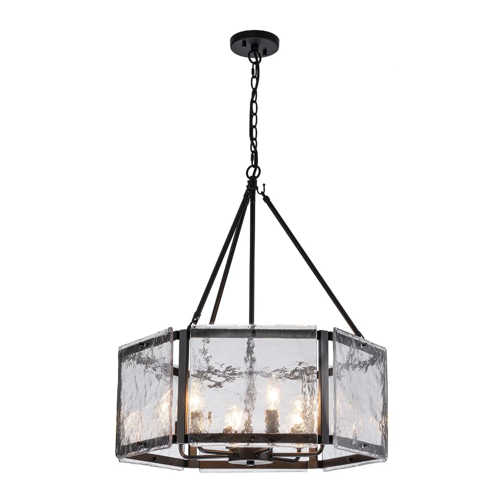 Textured Water Ripple Drum Chandelier - 6-Light Glass Pendant Light