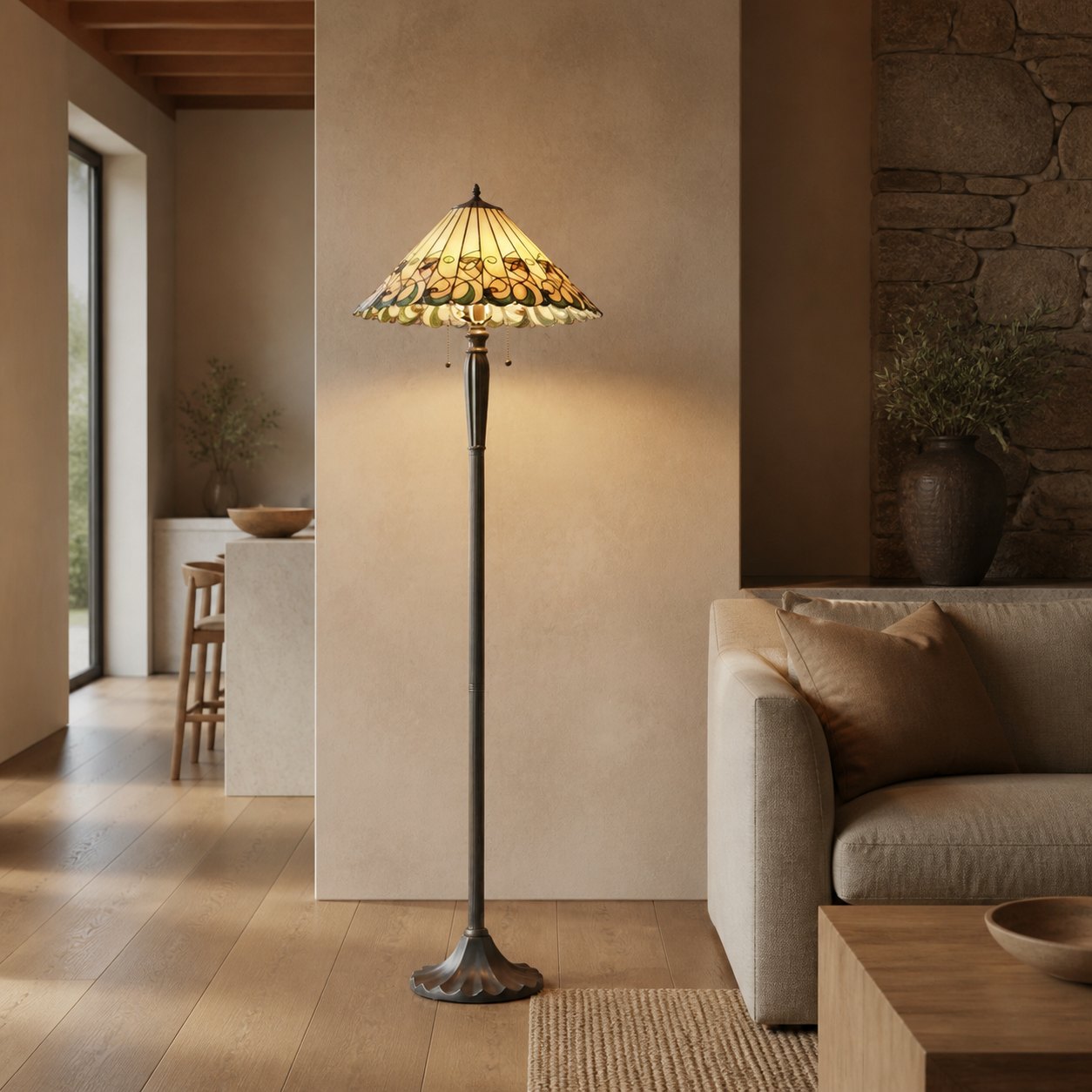 TF Jamelia Stained Glass Floor Lamp - Jewel-toned Mosaic Shade Decorative with Metal Column Finish Ideal