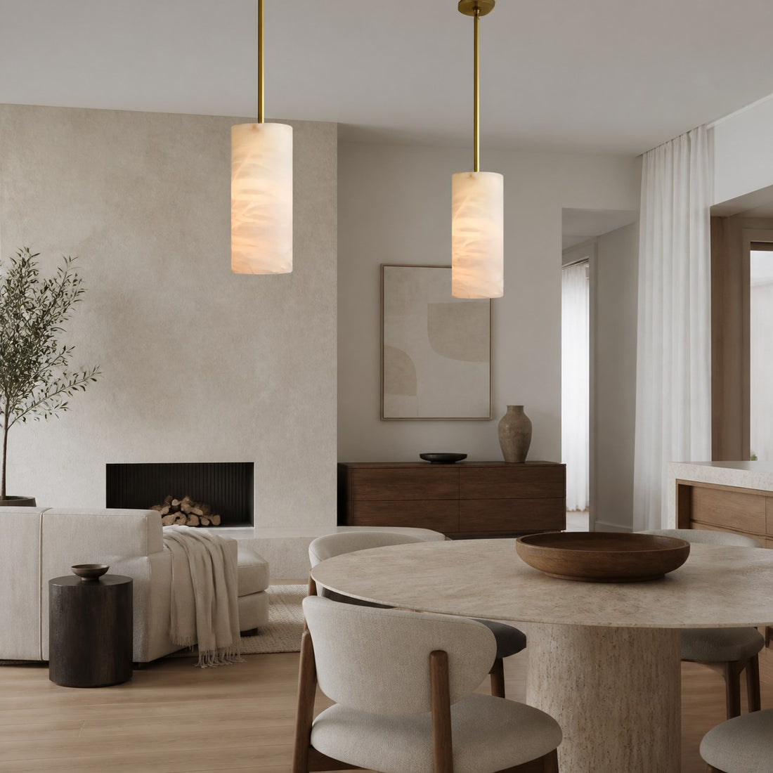 Hand Carved Alabaster Cylinder Pendant Light