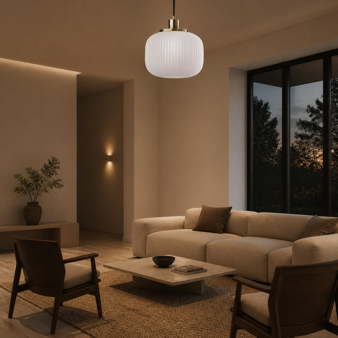 Pelviona Modern Ribbed Glass Pendant - Frosted & Brass Ceiling Light Add Timeless Charm to Your Space