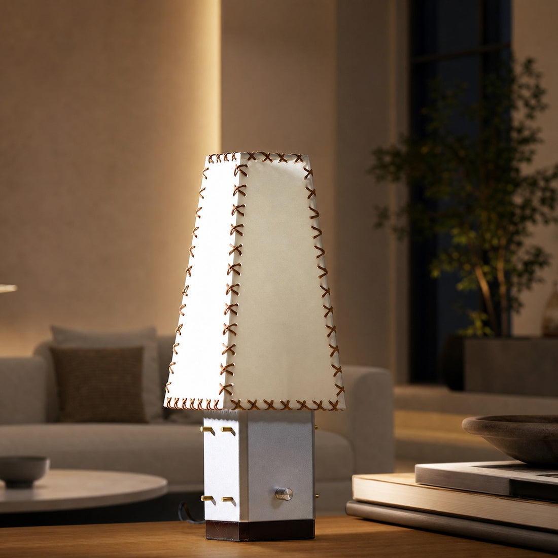 Modern Geometric Metal Table Lamp – Parchment Shade for Bedroom Nightstand Lighting