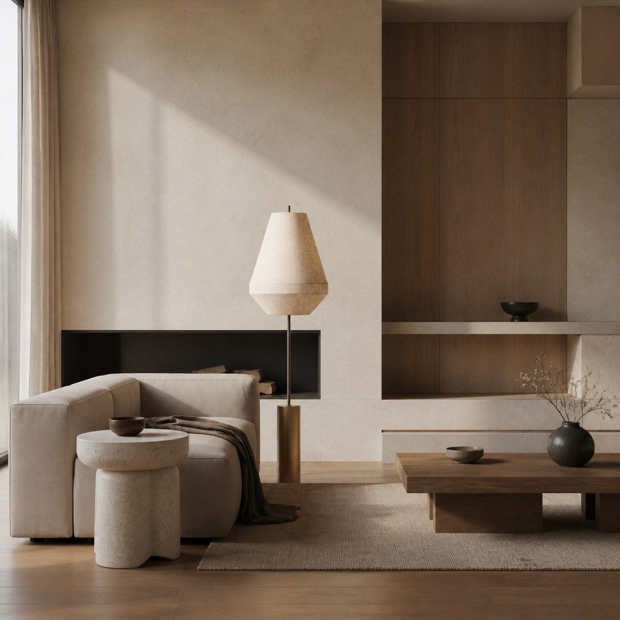 Zalen Floor Lamp - Layered Linen Pendant Design Aged Brass-Metal Lamp for Living Room