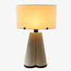 Beige leather twin cone table lamp with cream fabric shade