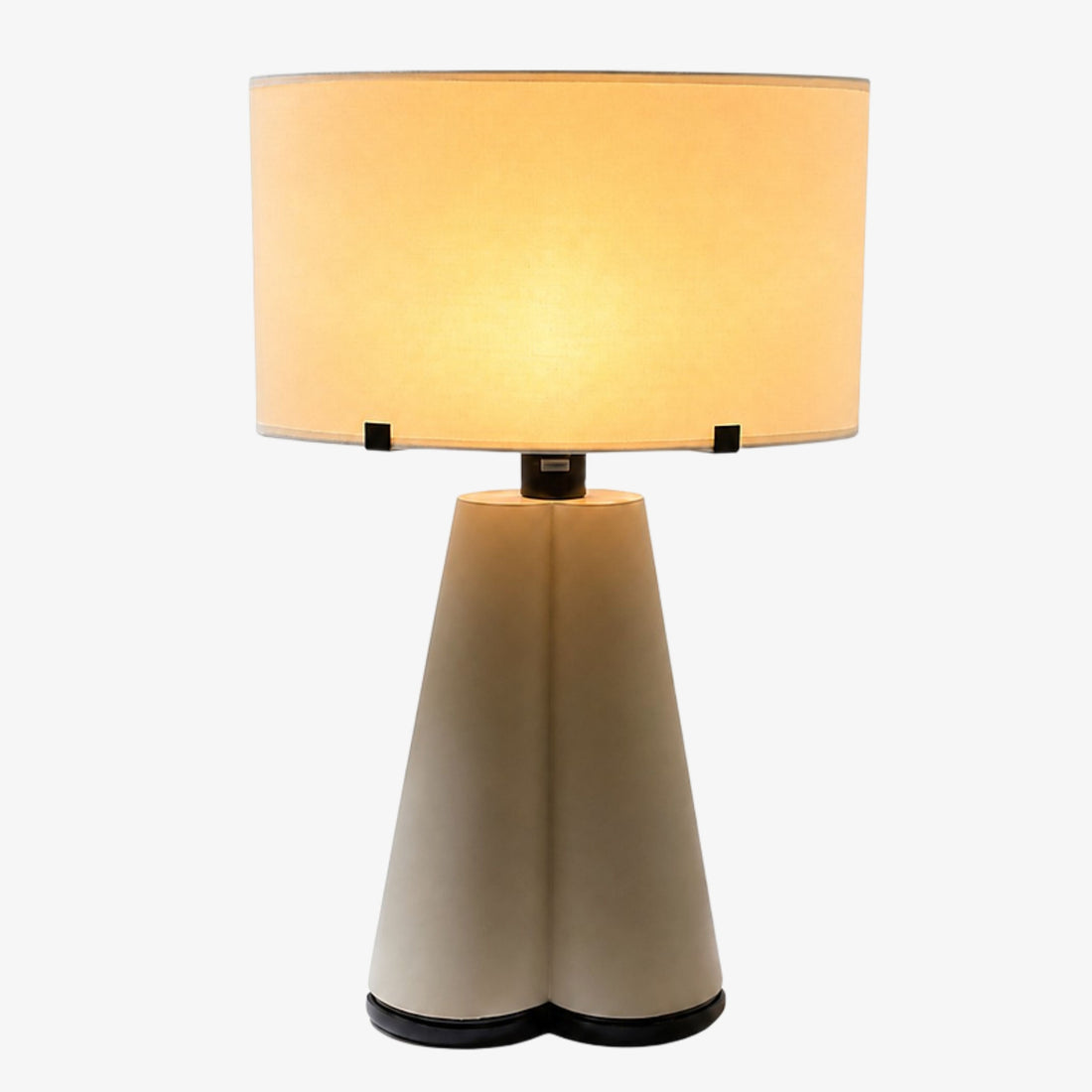 Beige leather twin cone table lamp with cream fabric shade