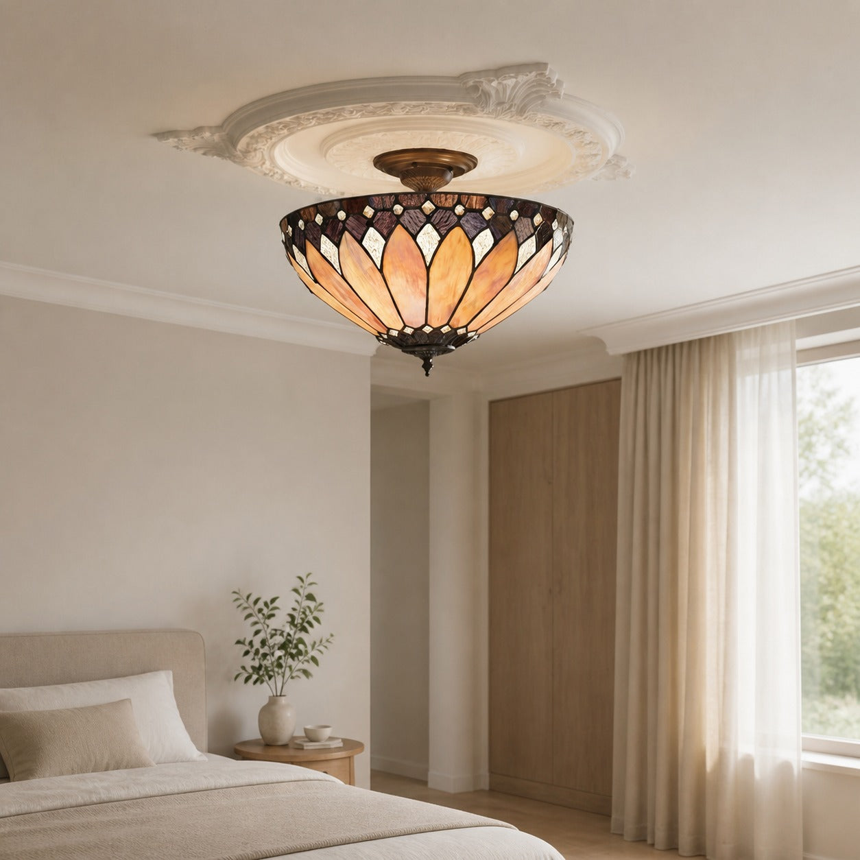 TF Brooklyn Tiffany Semi-flush Ceiling Light - Geometric Glass Shade for Hallways or Living Rooms