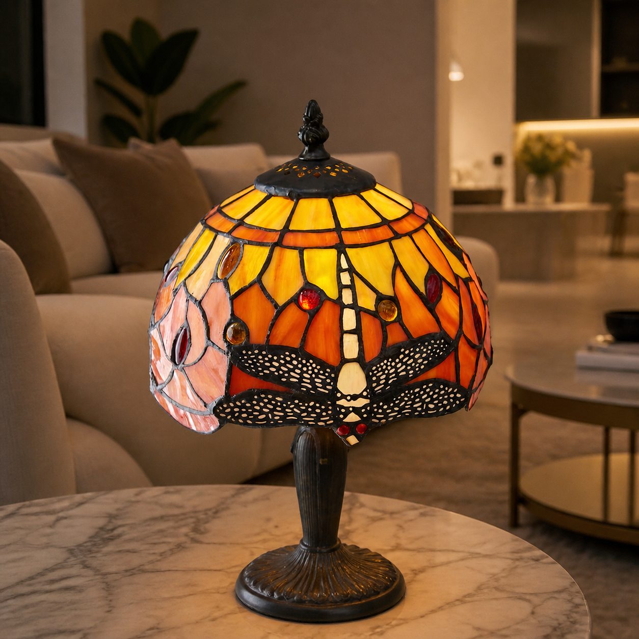 TF Dragonfly Hand-Cut Table Lamp – Vintage Stained Glass for Bedroom or Living Room