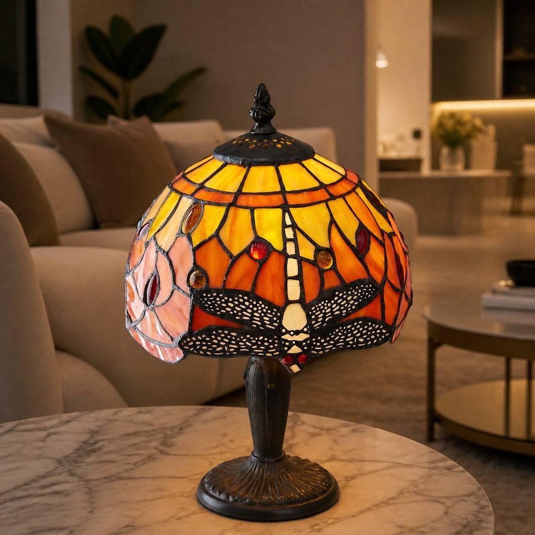 TF Dragonfly Hand-Cut Table Lamp – Vintage Stained Glass for Bedroom or Living Room