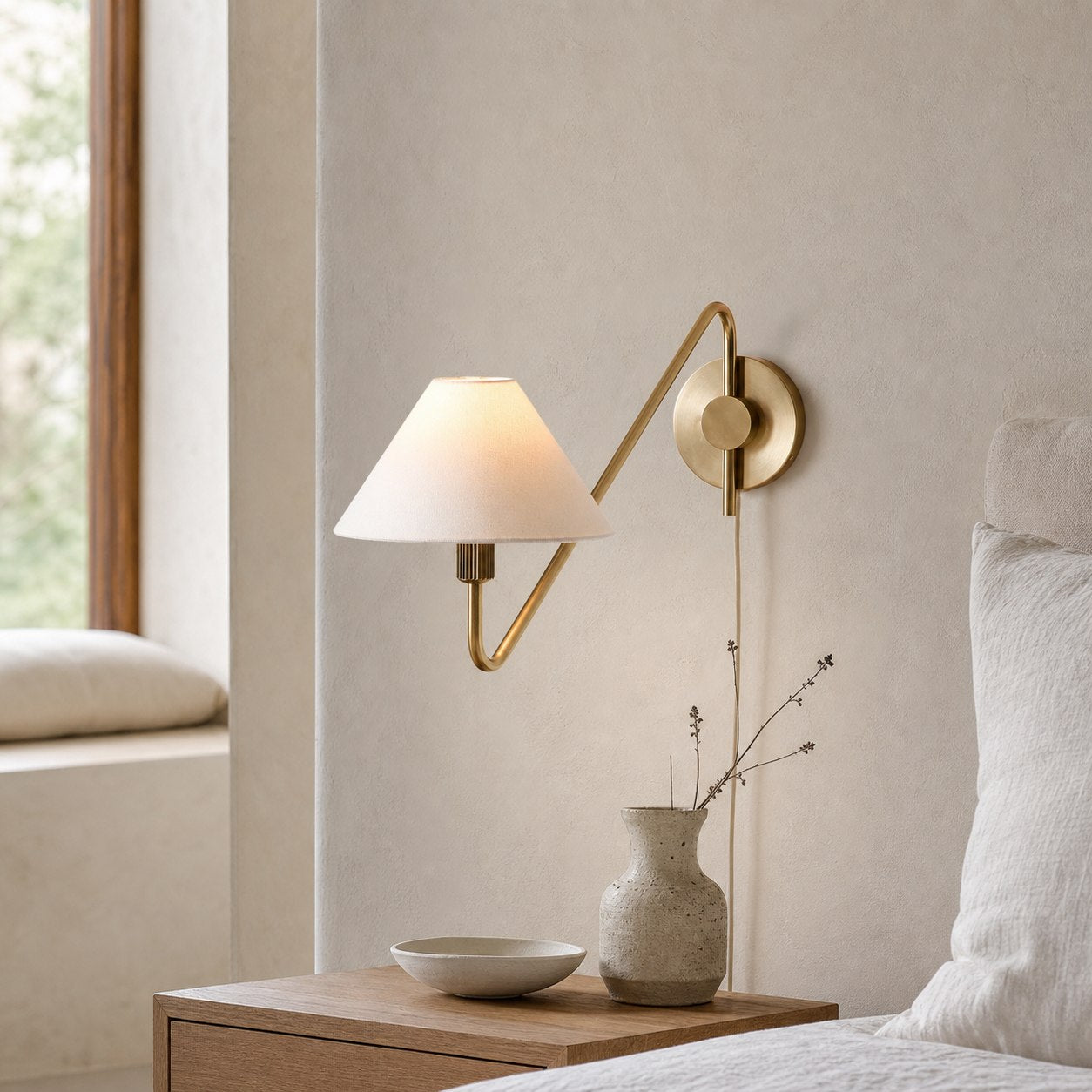 Diora Plug-In Wall Sconce - Champagne Bronze Adjustable Arm Lamp with Linen Shade