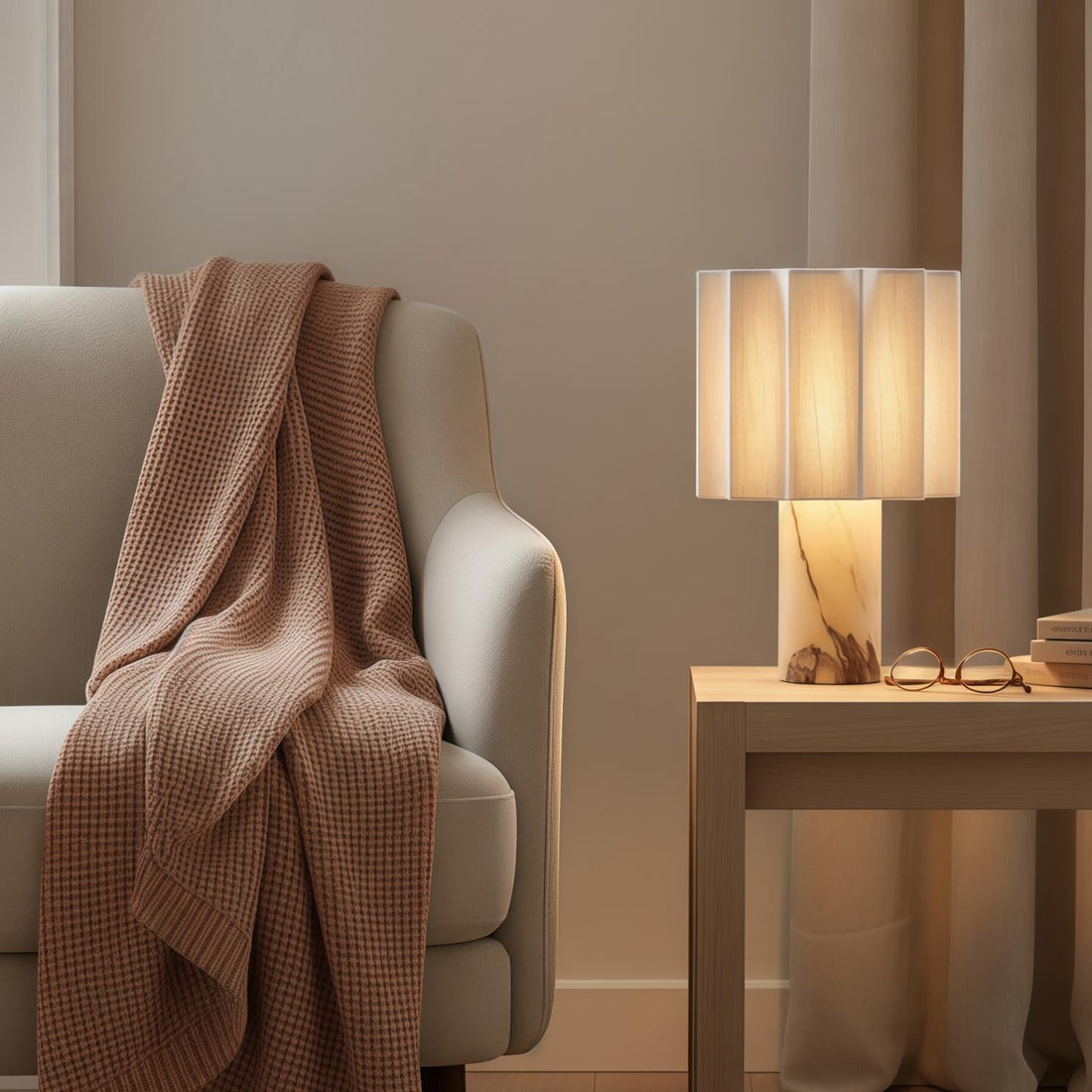 Cavilon Table Lamp with Fan-Shaped Linen Shade - Stone Finishes Suitable for Living Rooms