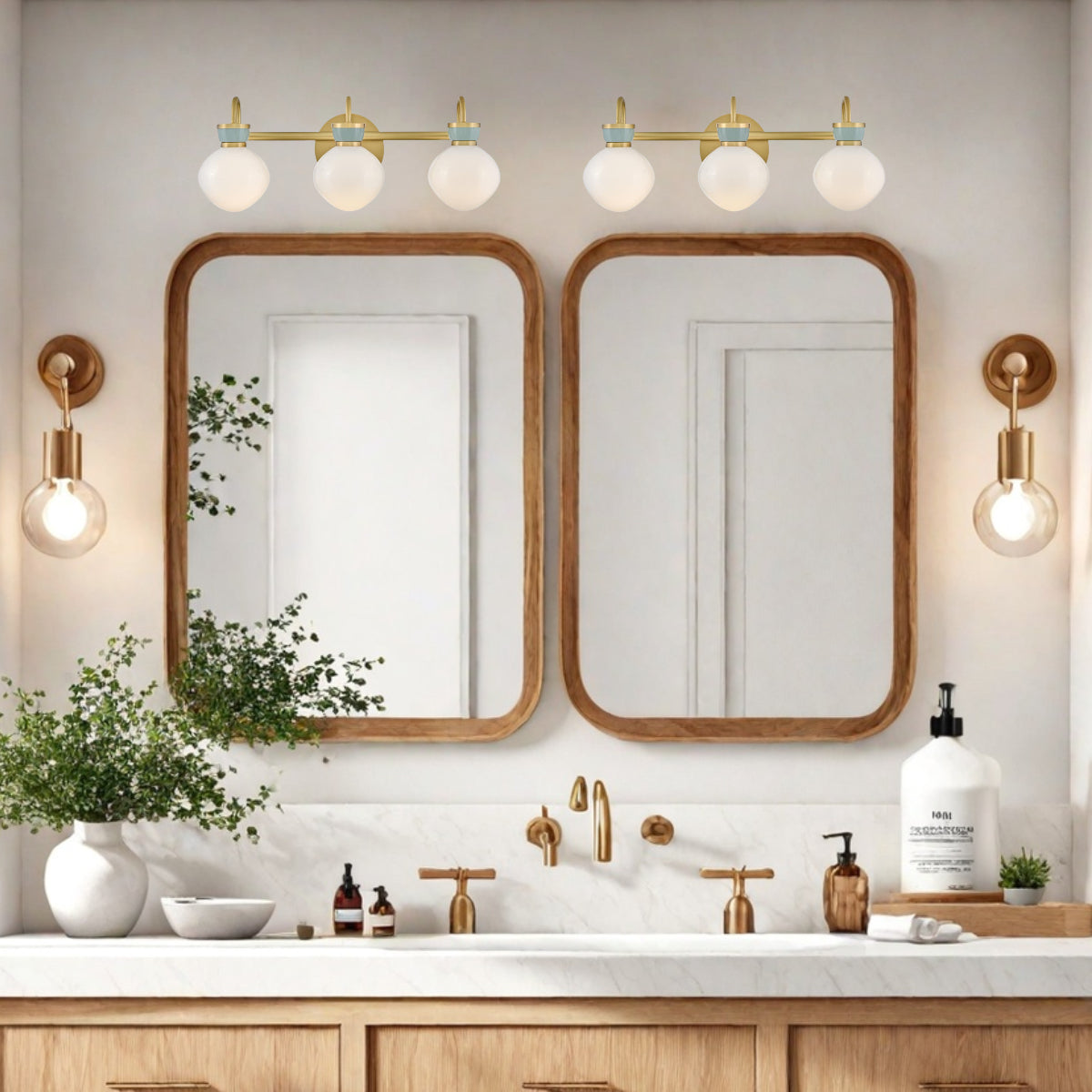 Lucy Brass Vanity Wall Light - Cased Opal Glass Bathroom Sconce