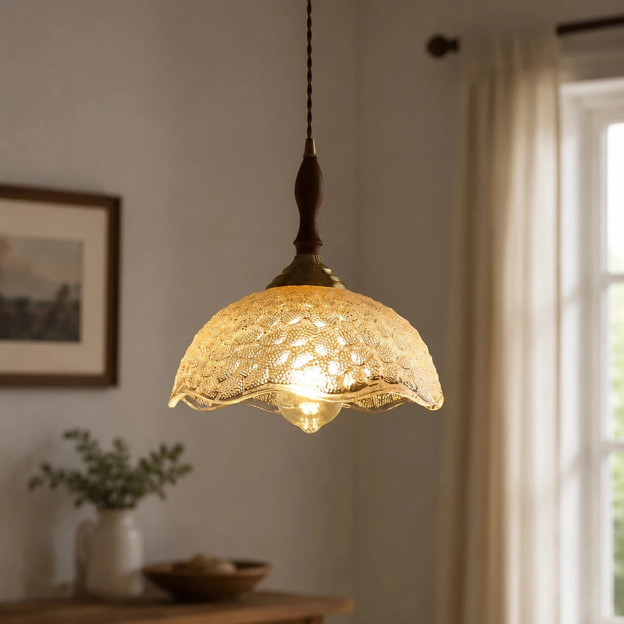Clear glass pendant in bright interior