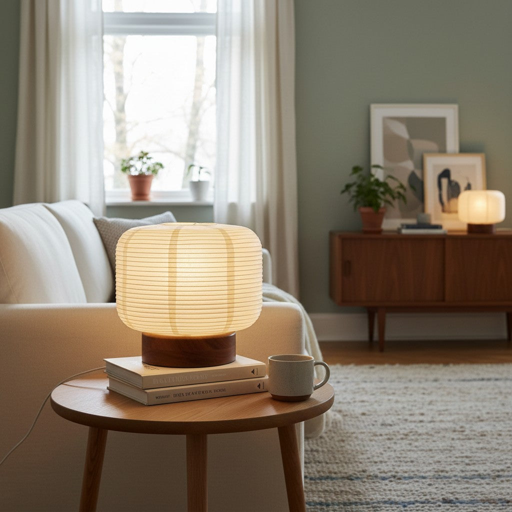 Tivo Japanese Ribbed Lampshade Compact Table Lamp - A minimalist paper lantern design with wood base