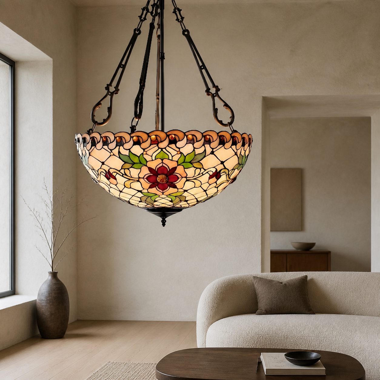 TF Dragonfly Beige Tiffany Pendant Lamp – Elegant Stained Glass Fixture for Dining Room and Bedroom