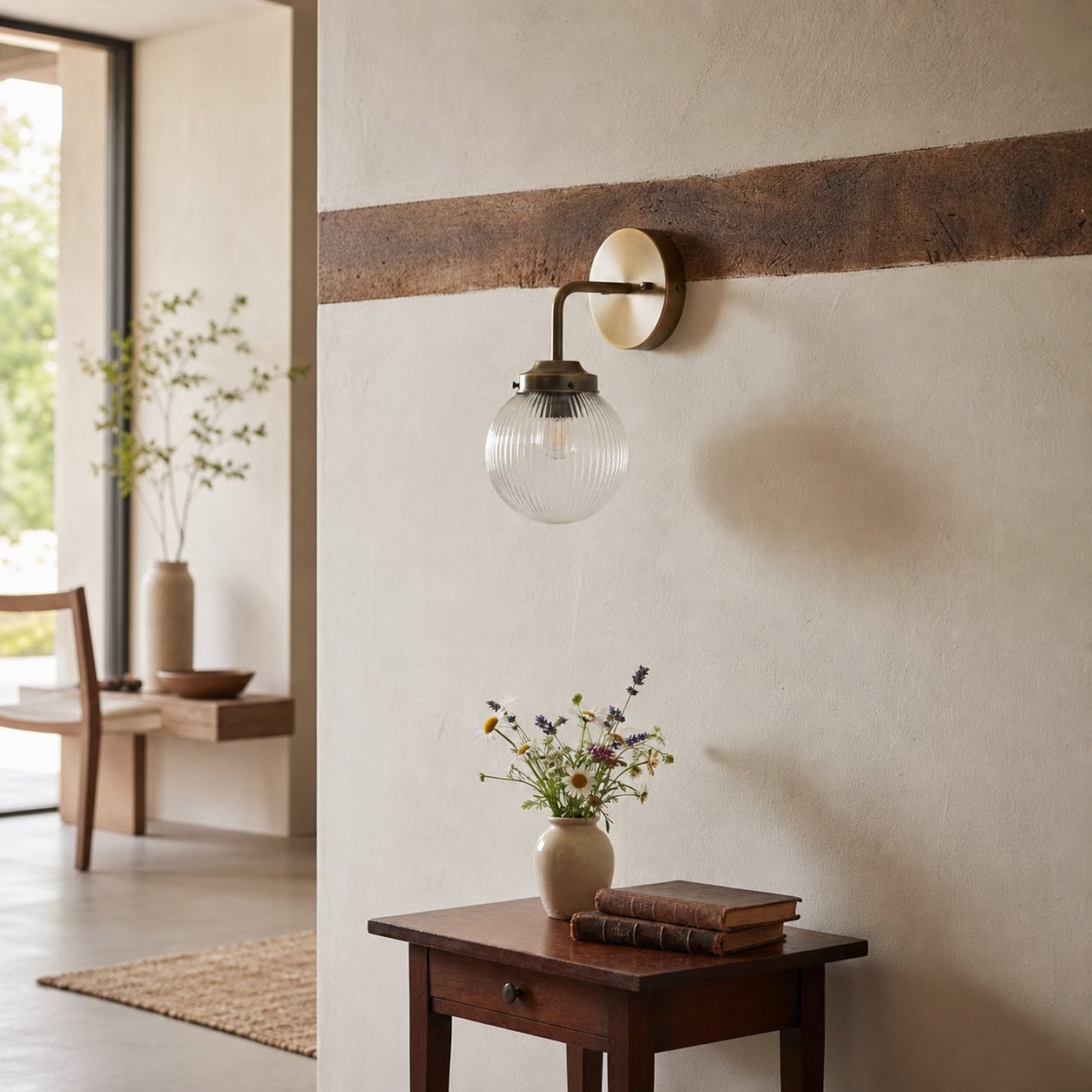 Glorica Glass Aged Brass Wall Sconce - Ribbed Glass Shade Industrial Style Lighting