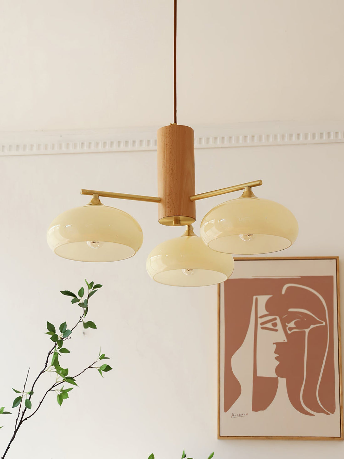 Bowl Shaped Multi - Head Chandelier With Wooden Decoration
