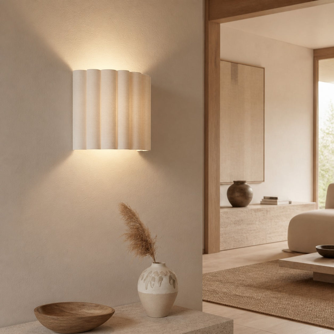 Velura Linen Fold Wall Sconce - Fabric Soft Pleated Design Ambient Lighting for Bedroom or Hallway
