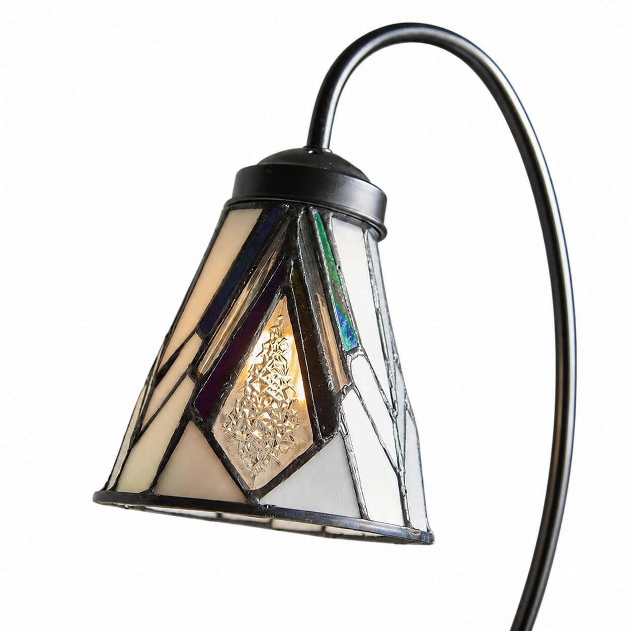 TF Astoria Tiffany Table Lamp – Curved Swan-Neck Arm Art Deco Glass Shade for Desk